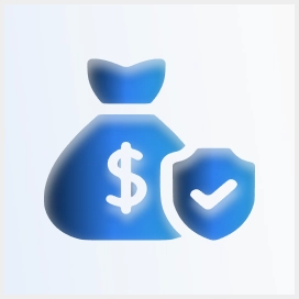 Blue icon of a money bag with a dollar sign and a shield bearing a checkmark, representing financial security.