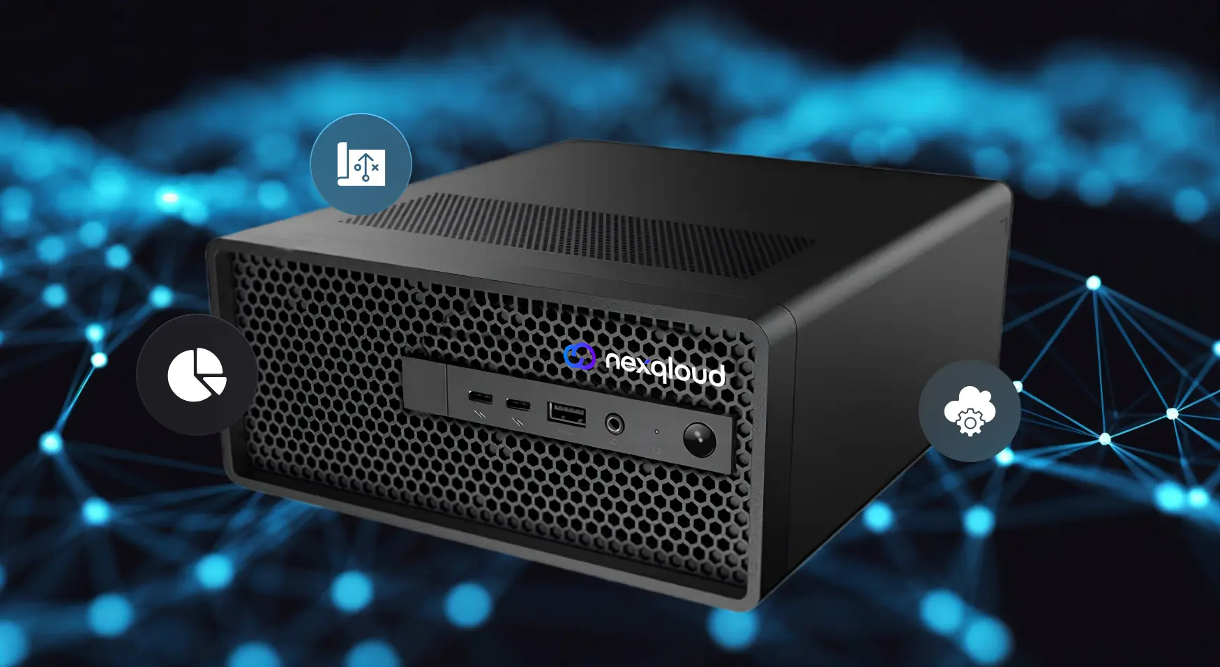 Black Nexqloud server with honeycomb front panel and multiple ports on a blue network background.