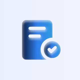 Blue document icon with two horizontal lines and a checkmark in a circle overlay.