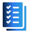 Blue icon of a checklist with four checkmarks and lines on a sheet of paper.
