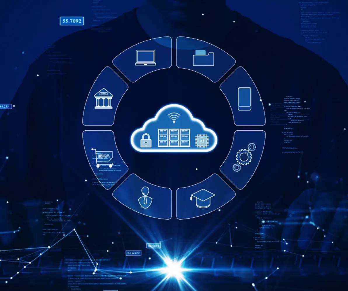 Digital cloud computing concept with a glowing cloud icon surrounded by technology and business icons, displayed over a person using a tablet in dark blue tones.