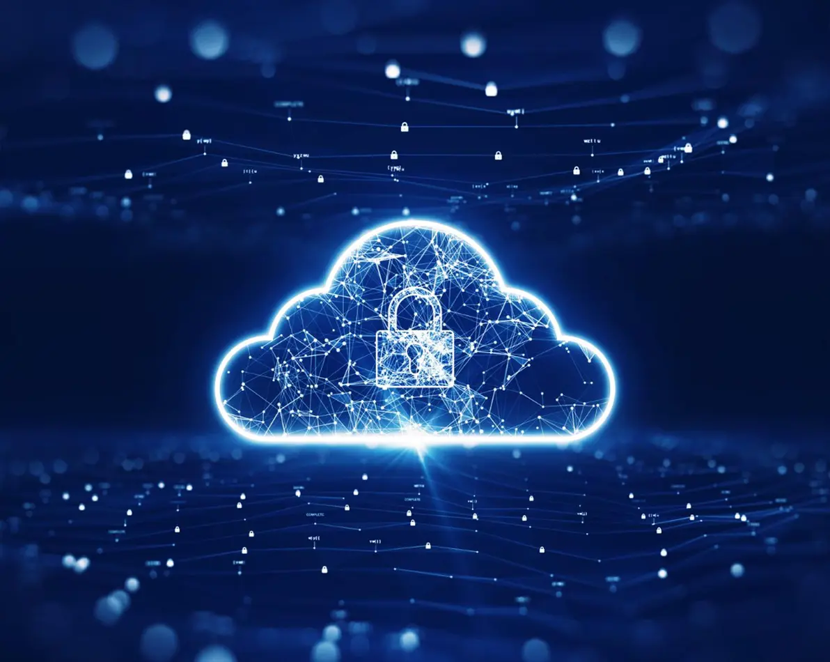Glowing digital cloud icon with interconnected nodes and a padlock symbolizing cloud security.