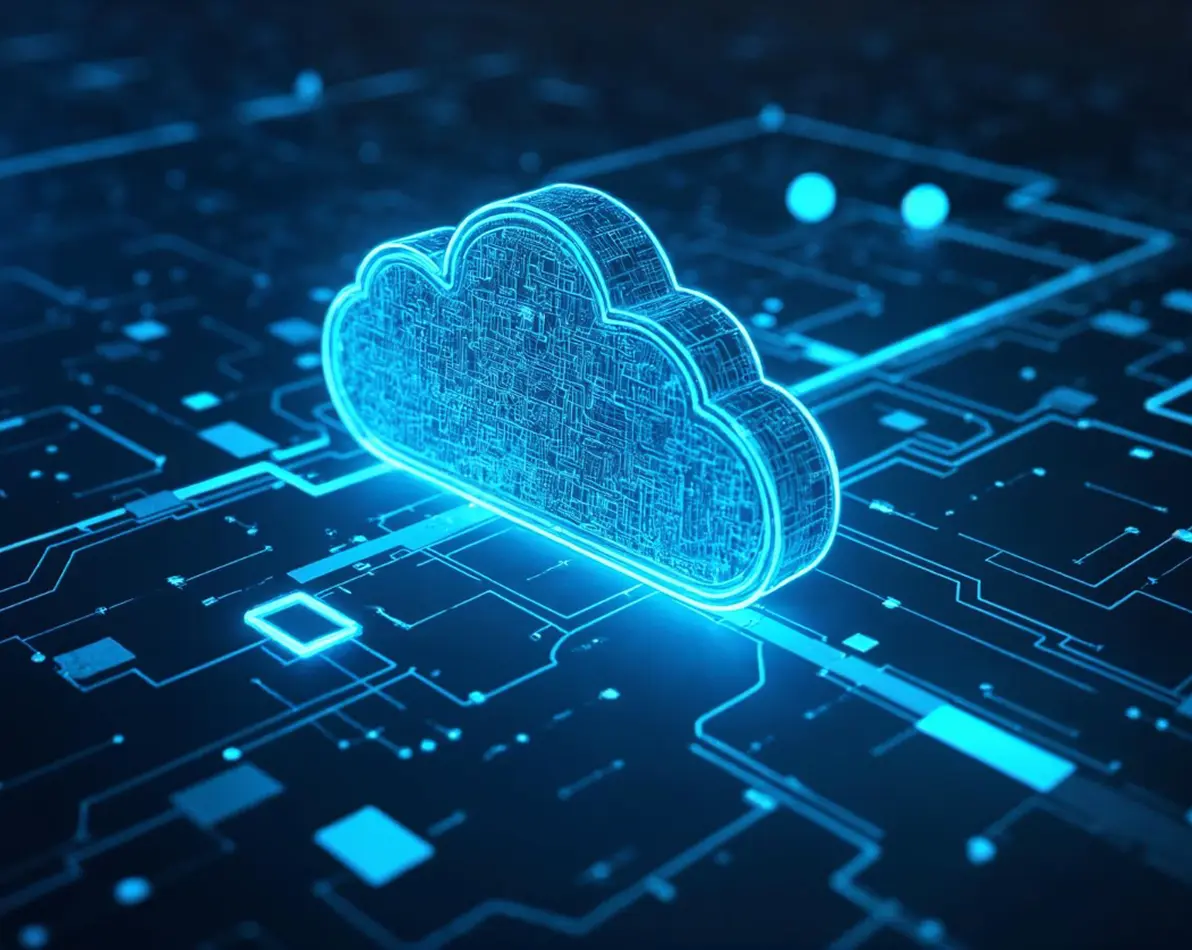 Glowing blue 3D cloud icon on a digital circuit board background representing cloud computing technology.