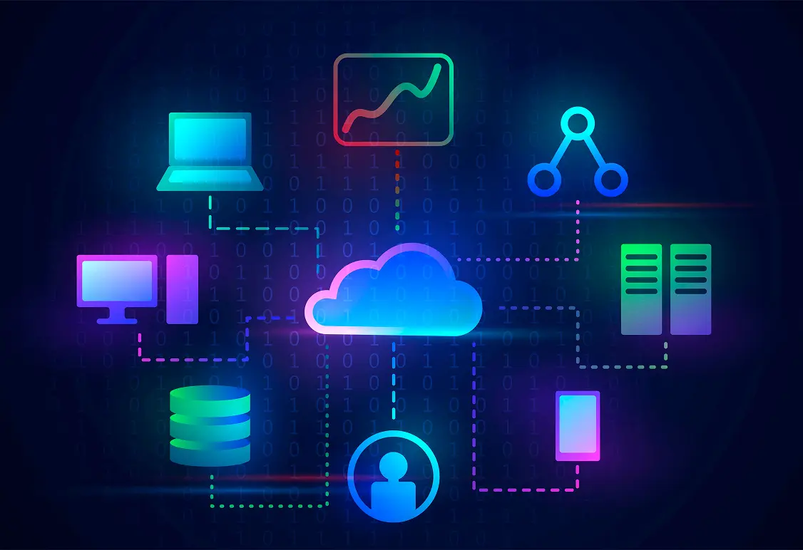 Digital illustration of cloud computing network connecting laptop, desktop, database, user icon, smartphone, server, data chart, and network nodes on dark background.