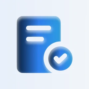 Blue document icon with two white horizontal lines and a circular checkmark symbol in the lower right.