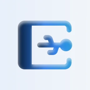 Blue icon of a person exiting through an open door.