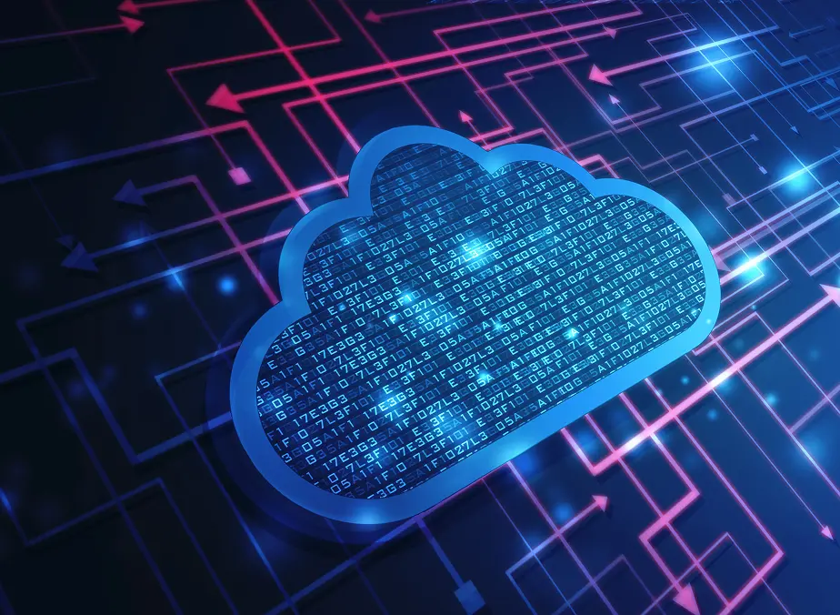 Blue digital cloud icon filled with binary code on a dark background with pink and blue circuit-like arrows.