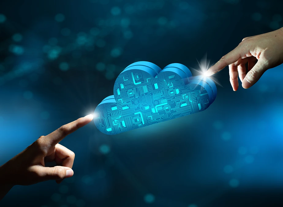 Two hands with extended index fingers touching a glowing digital cloud icon with circuit patterns.