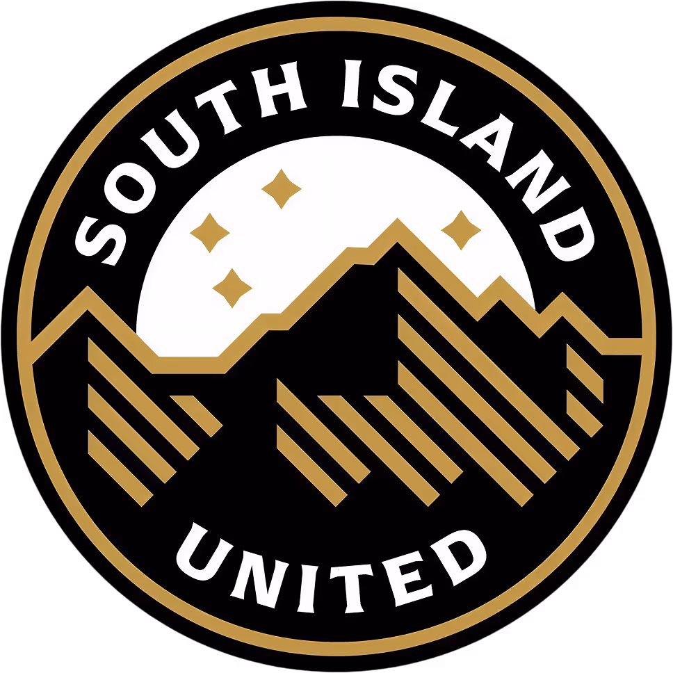 Circular emblem with mountain silhouette, stars above, and text 'South Island United'.