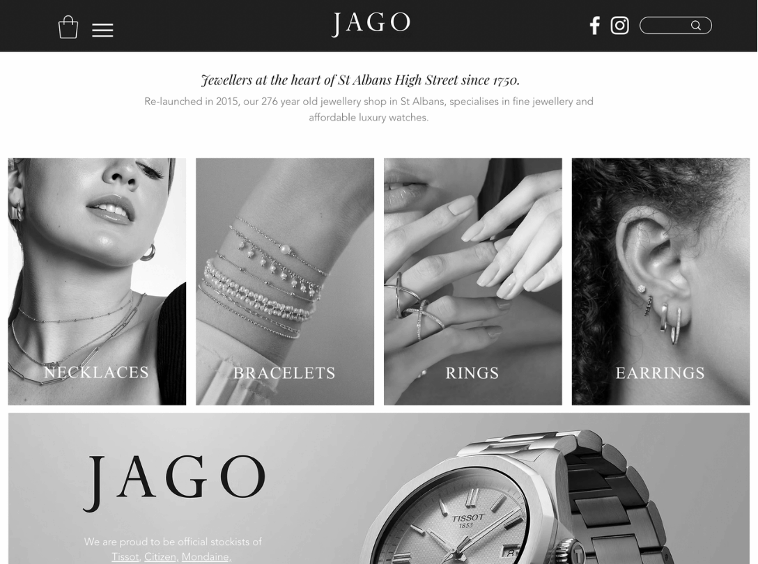 Screenshot of the Jago Jewellers homepage.