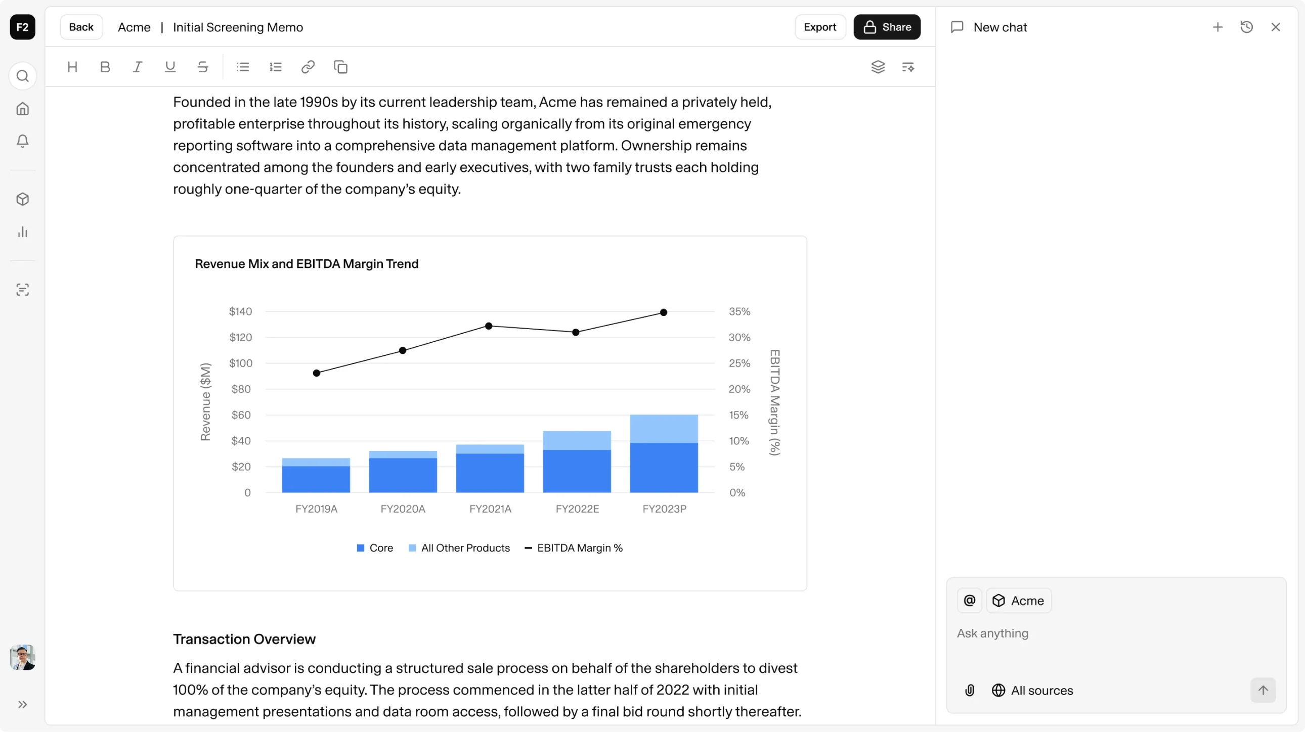 Screen capture of a financial report titled Initial Screening Memo with a bar and line chart showing Revenue Mix and EBITDA Margin Trend from FY2019A to FY2023P and transaction overview text.