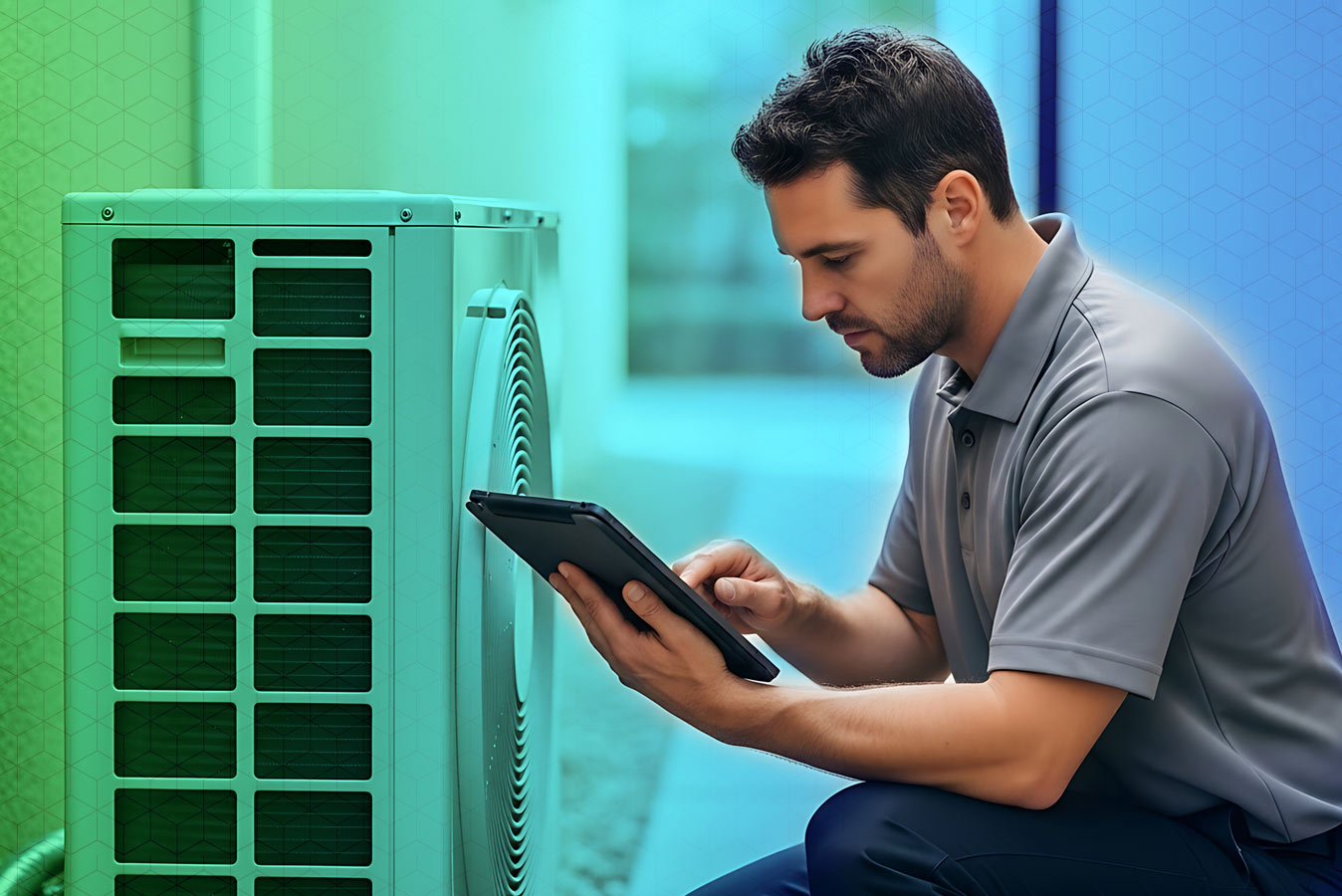 HVAC worker on a tablet