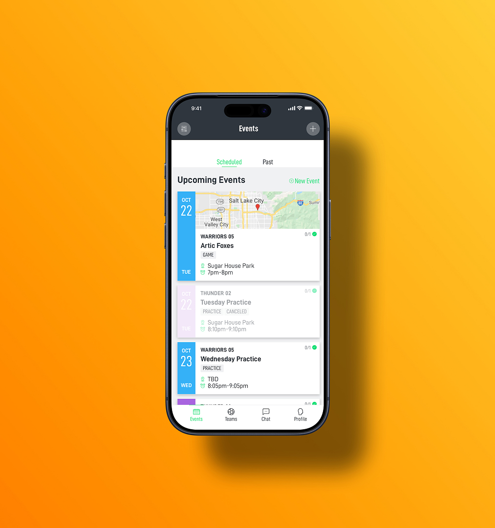 Smartphone screen showing upcoming sports events including games and practice schedules with dates, times, and locations.