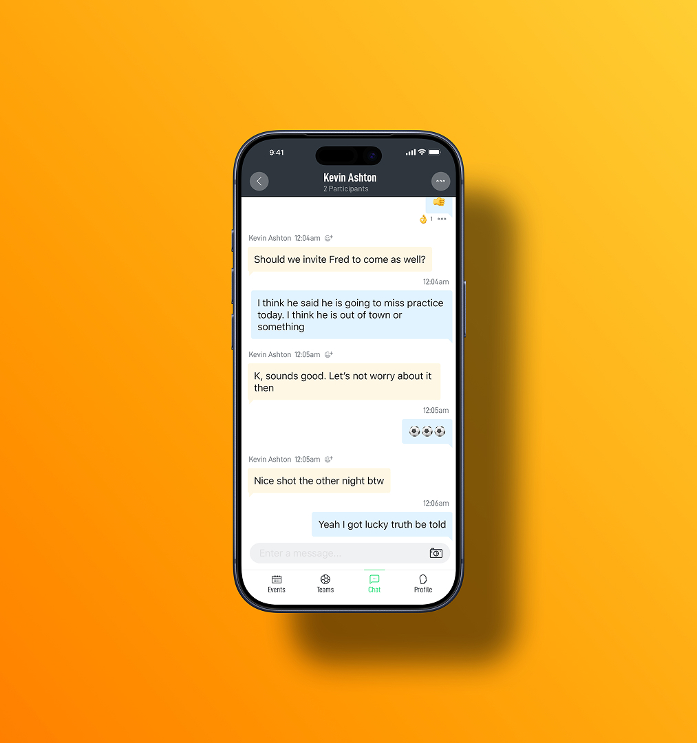 Smartphone screen showing a chat conversation between two participants discussing inviting Fred, missing practice, and complimenting a nice shot with soccer ball emojis.