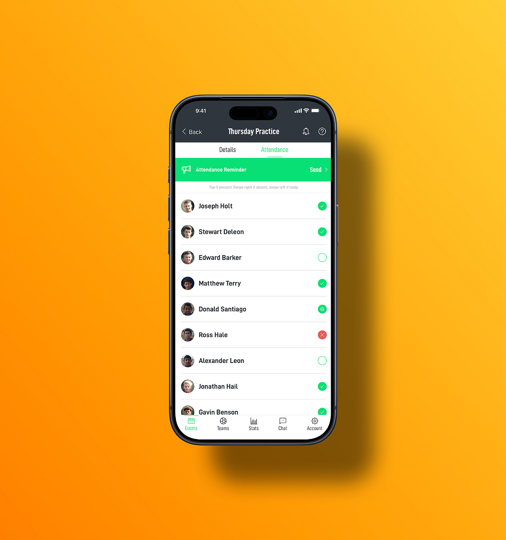 Smartphone screen showing attendance list for Thursday Practice with names and status icons for present, absent, and tardy.