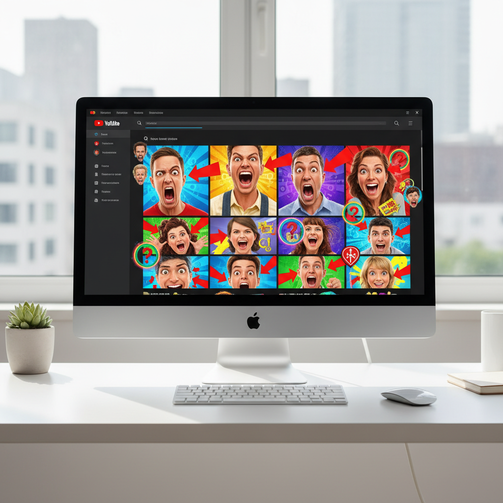 Computer monitor displaying a grid of exaggerated, colorful video thumbnails that resemble clickbait