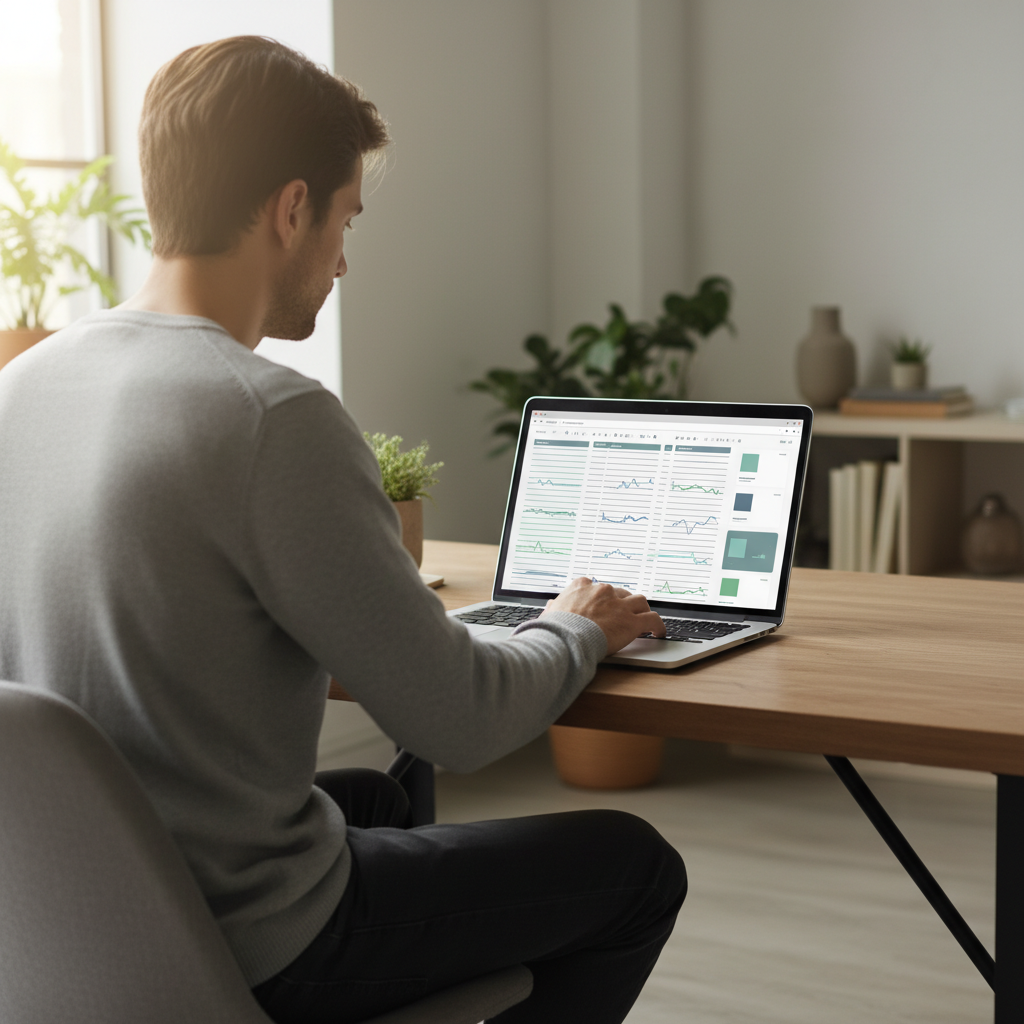 Person working at a laptop with a generic interface showing AI analysis of video transcripts and summaries