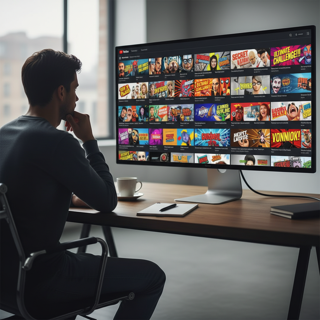 Person at a desk looking at a computer screen filled with video thumbnails and bold titles, deciding what to watch