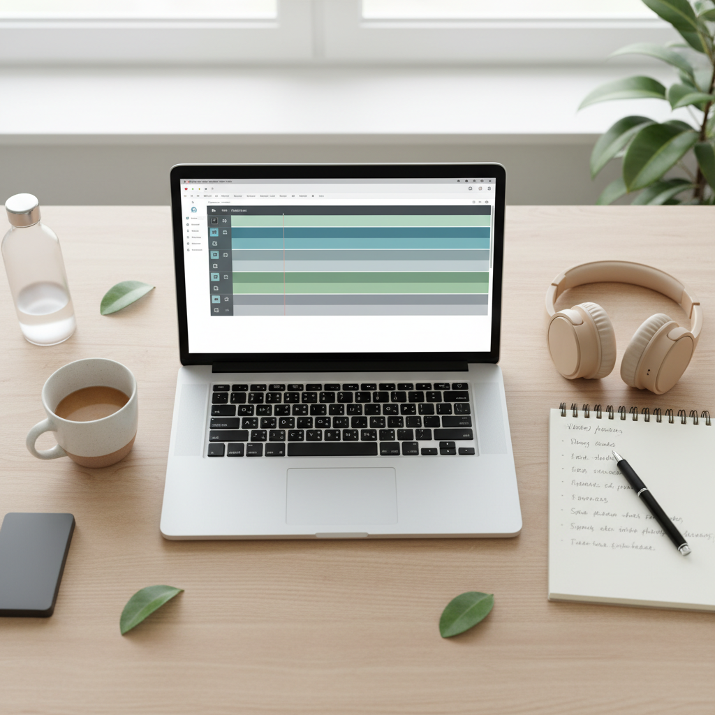 Overhead view of a desk with laptop and notes organizing video chapters for work