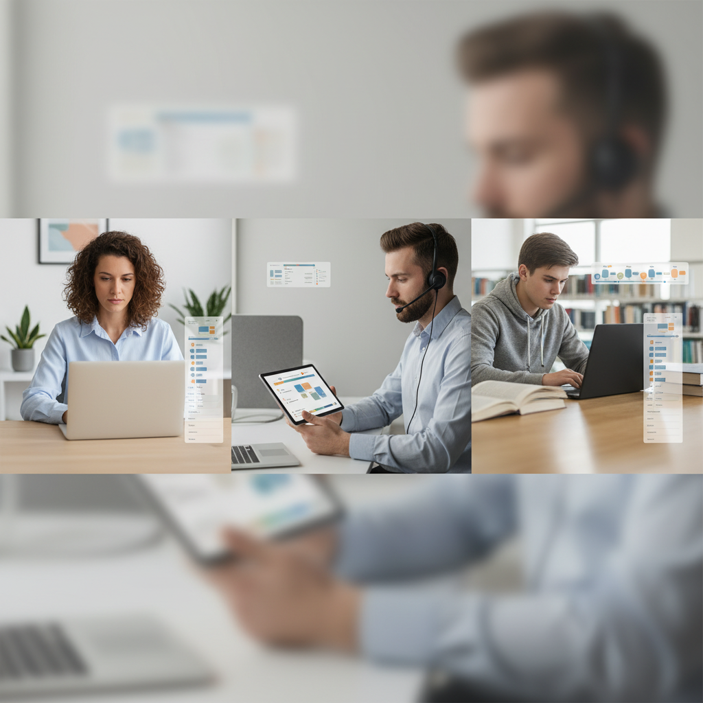 Different professionals and a student using chaptered video content on devices