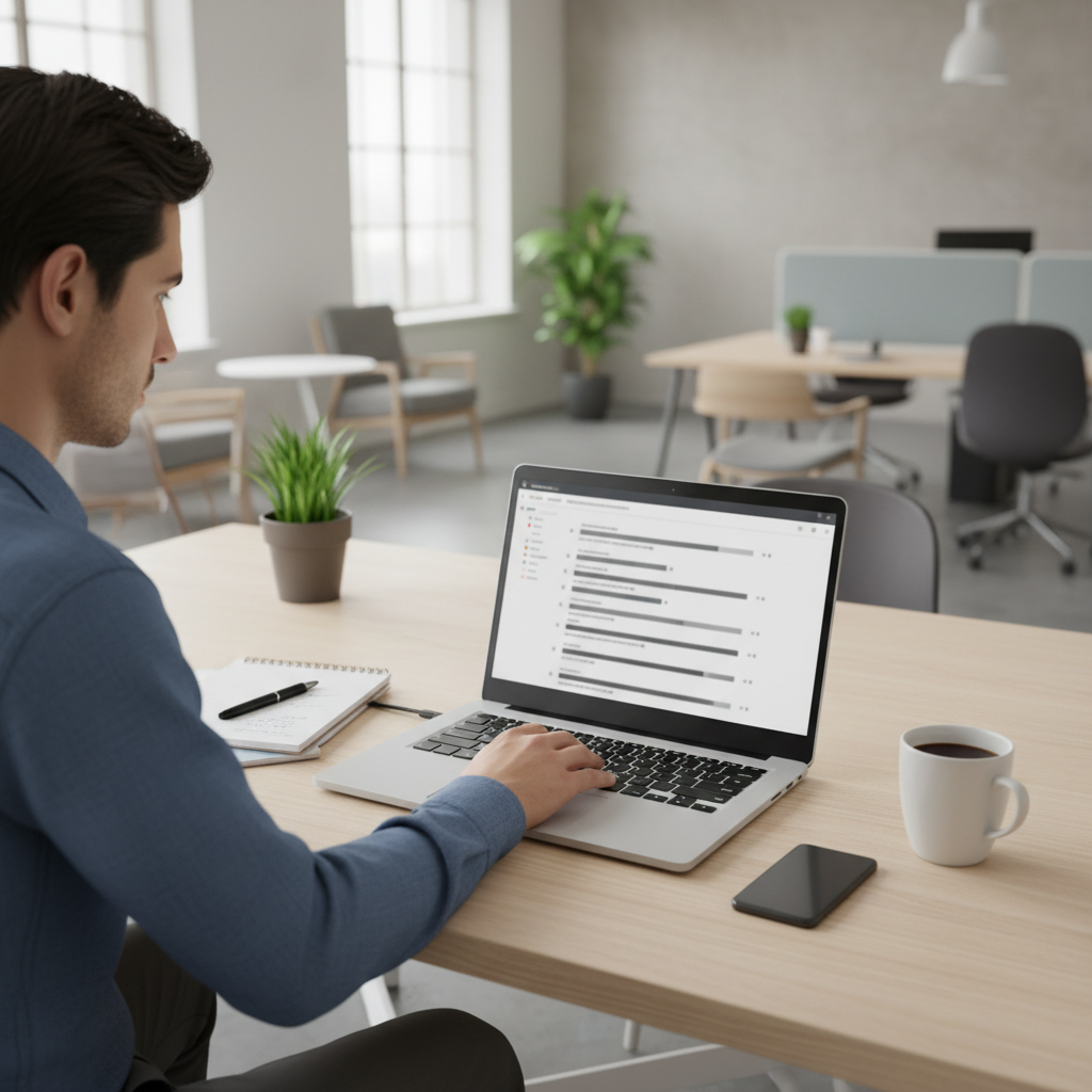Professional using a laptop with a long video divided into chapters for work