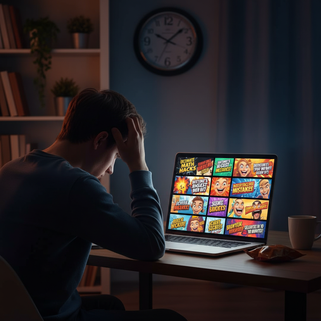 Person at a desk looking at a laptop filled with long, attention-grabbing video thumbnails