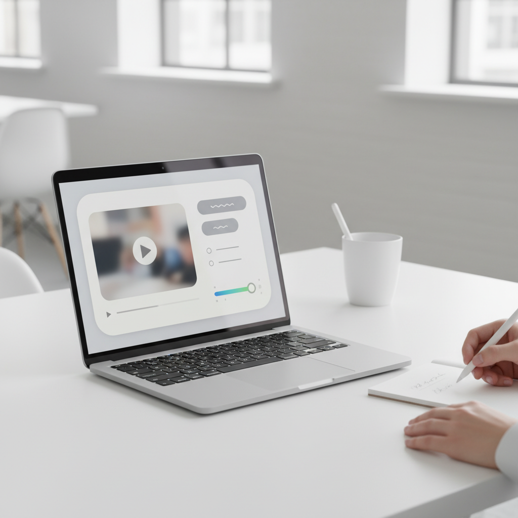 Laptop showing a video player next to an AI summary panel while someone takes notes