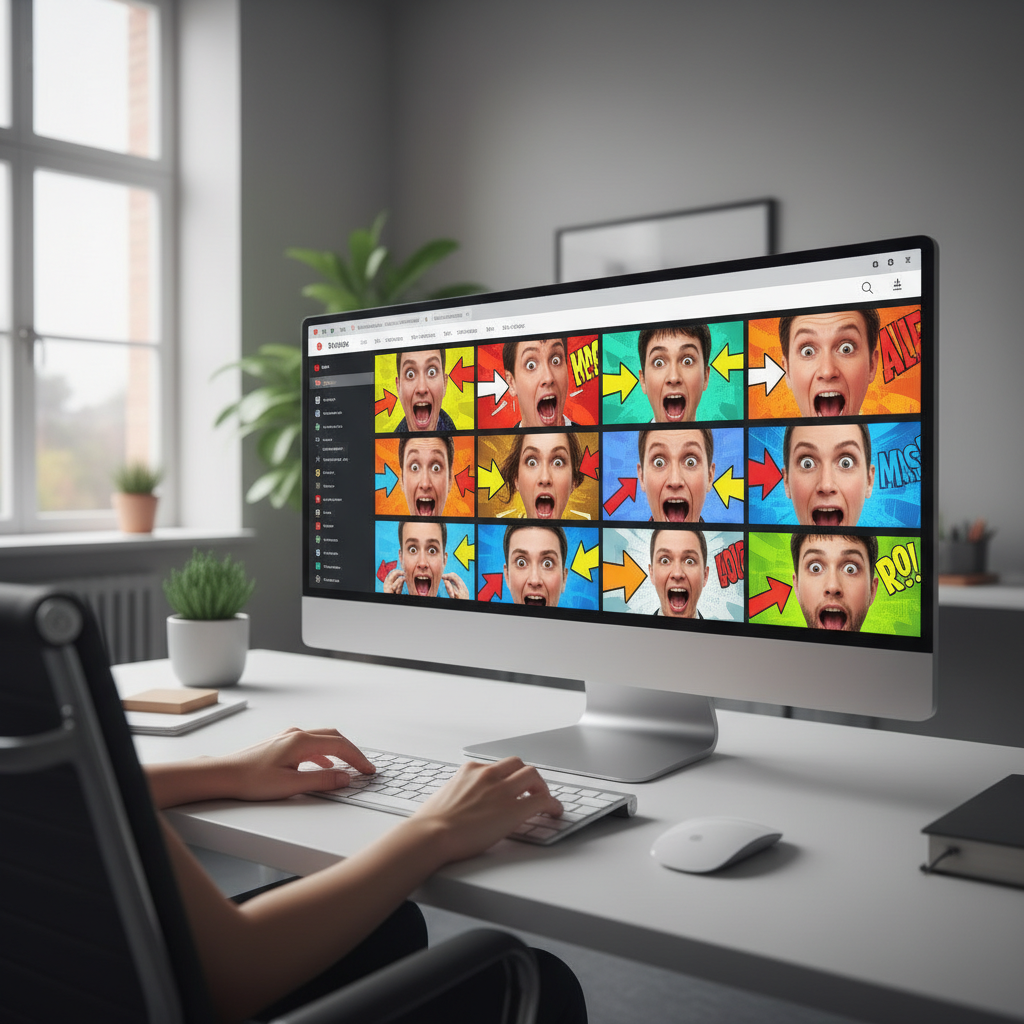 Computer monitor showing a grid of exaggerated, colorful video thumbnails