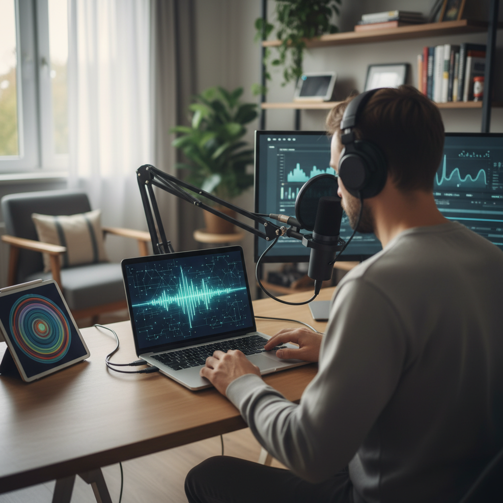 Busy podcast creator at a desk using a laptop and microphone as part of an AI podcast summarizer workflow