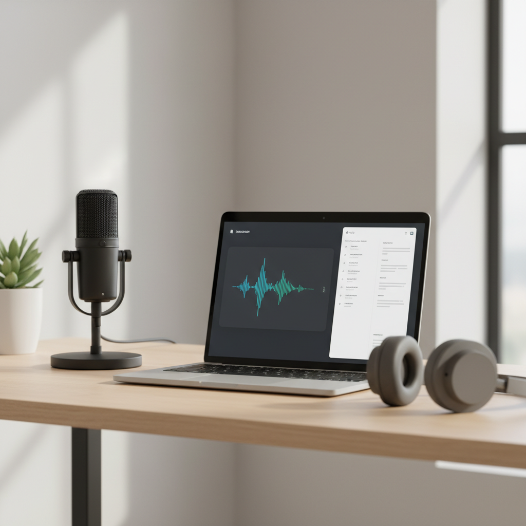 Laptop on a clean desk showing a podcast dashboard with waveform and summary notes generated by an AI podcast summarizer workflow