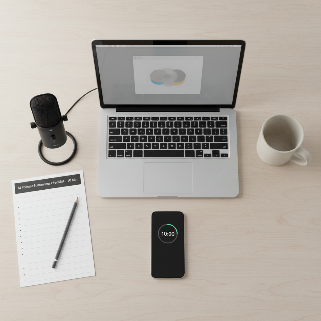 Overhead view of a desk with laptop, microphone, and checklist representing a 10-minute AI podcast summarizer workflow