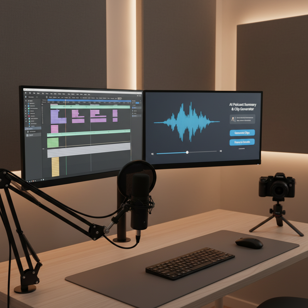 Dual-screen creator setup showing video timeline and podcast audio waveform for an AI podcast summarizer workflow across video and audio