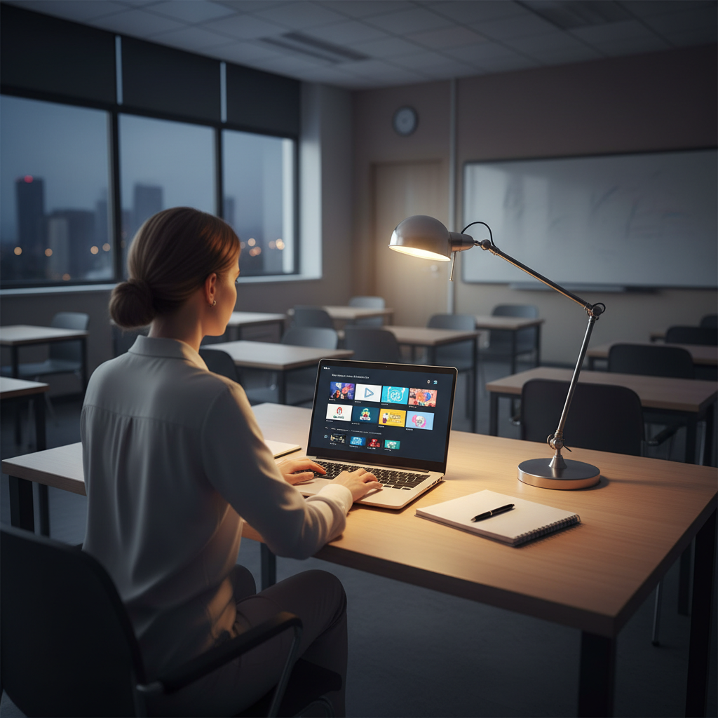 Teacher planning a YouTube-style video playlist on a laptop in a quiet classroom at night