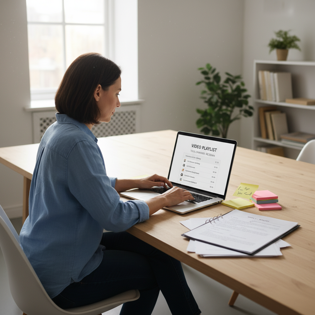 Teacher using a laptop with a dashboard-style view of a video playlist and total duration next to printed lesson plans