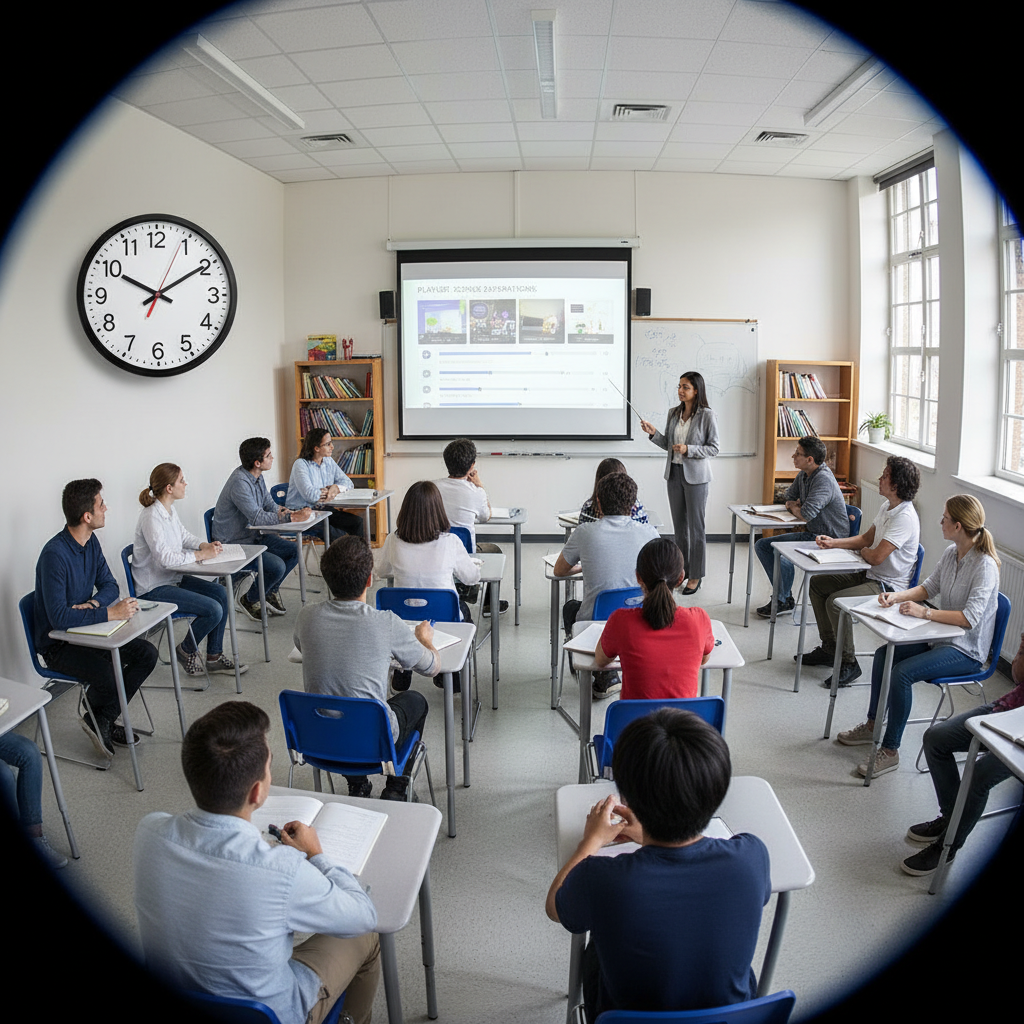 Classroom with a visible wall clock as students watch a projected video playlist while the teacher leads discussion