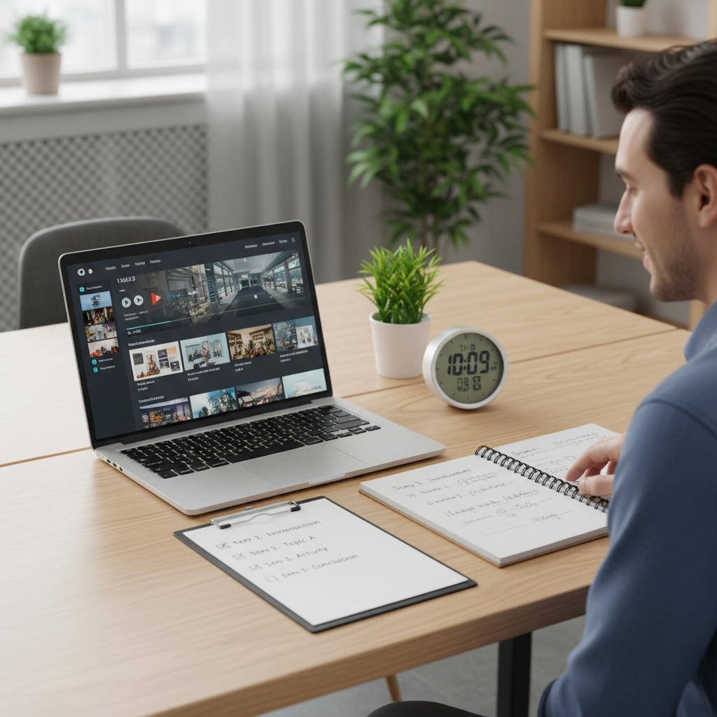 Teacher planning a lesson with a laptop showing a video playlist and total time next to a printed checklist and desk clock