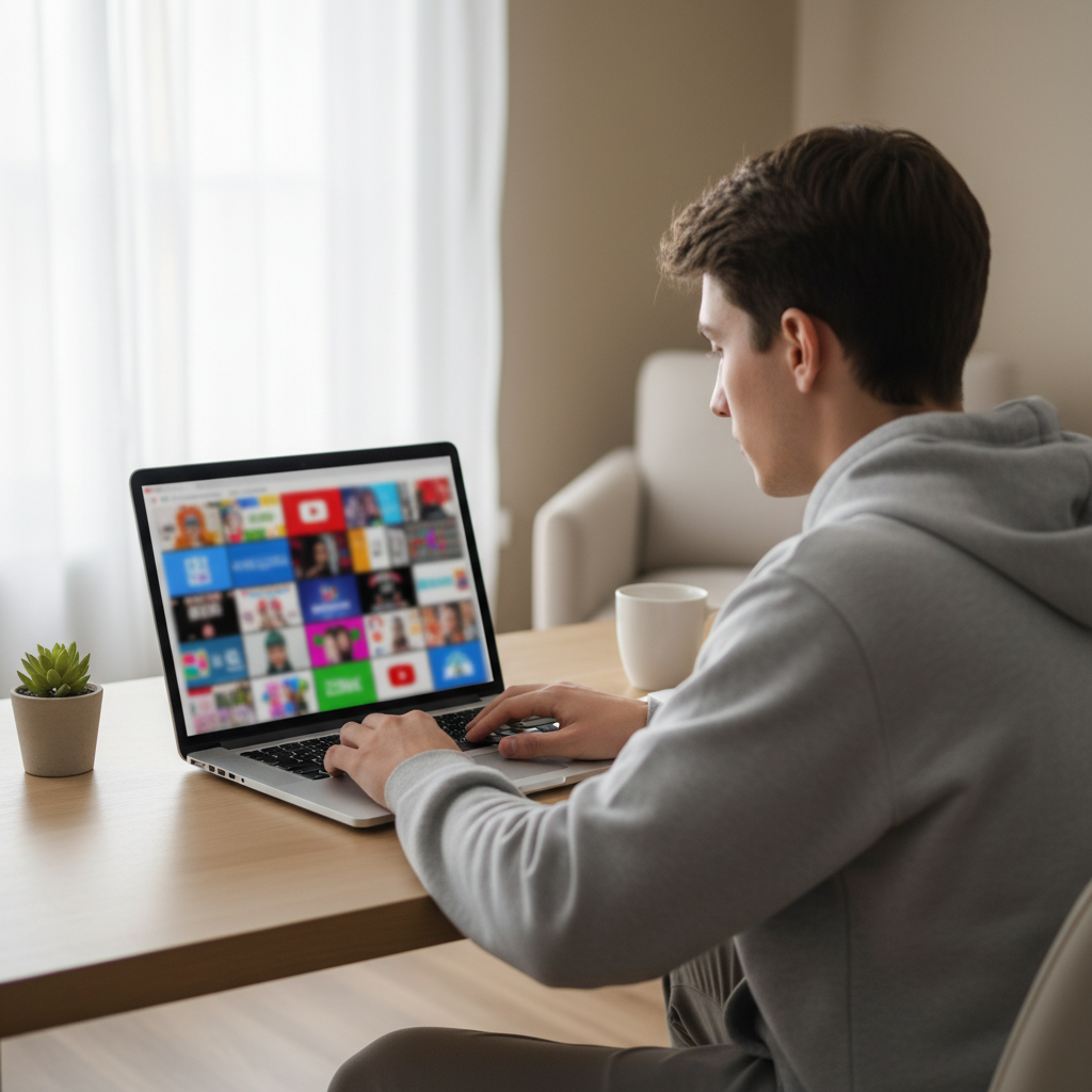 Creator at a desk looking at a laptop screen filled with colorful video thumbnails