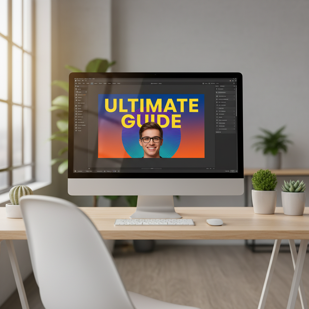 Computer monitor showing a simple YouTube-style thumbnail layout with bold text and a single main subject