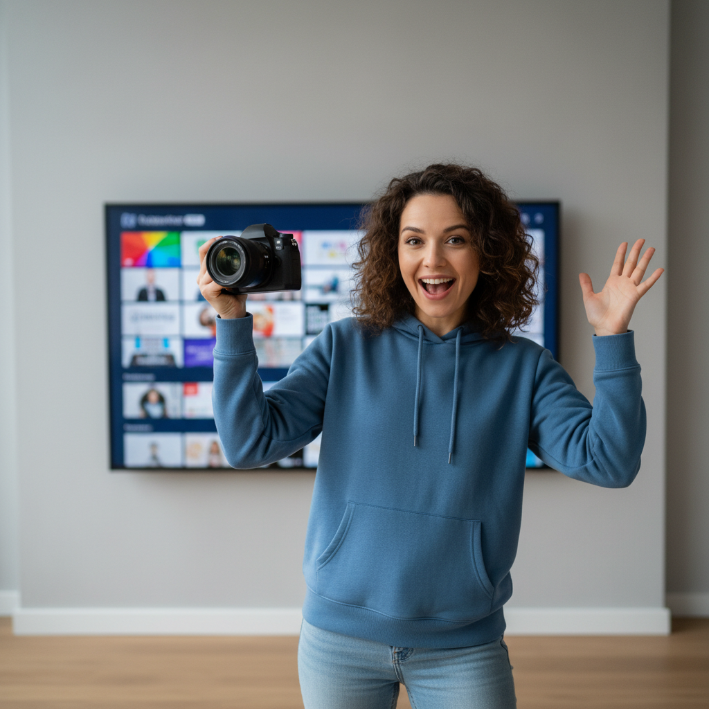 Video creator holding a camera and reacting excitedly with a TV in the background showing multiple colorful thumbnails