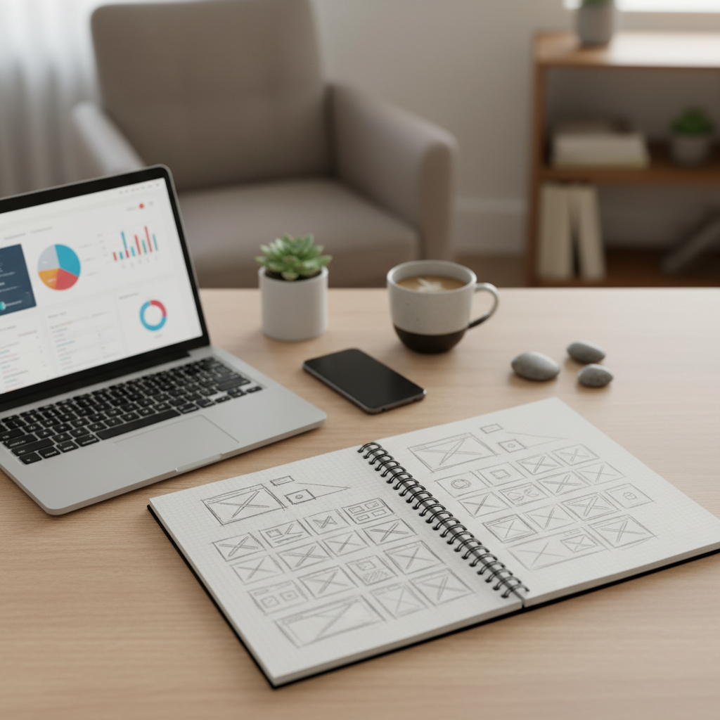 Top-down view of a desk with thumbnail sketches in a notebook next to a laptop showing a blurred analytics dashboard
