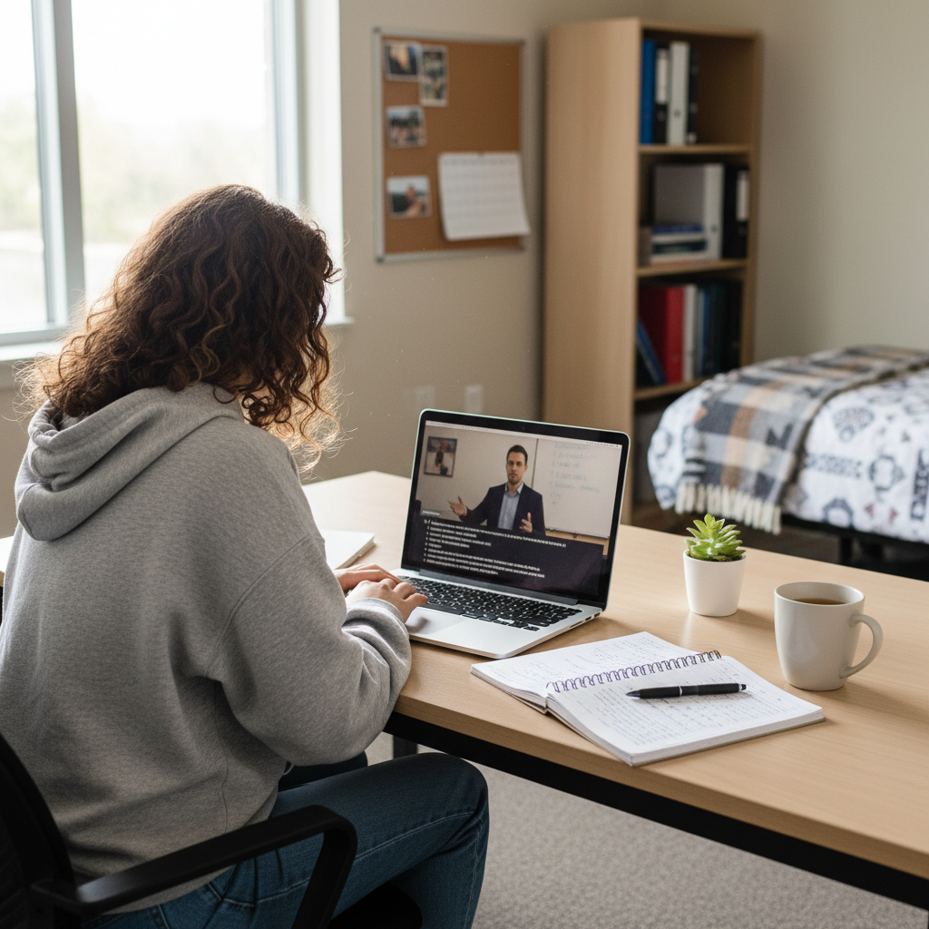 College student watching a recorded lecture on a laptop and taking notes at a desk