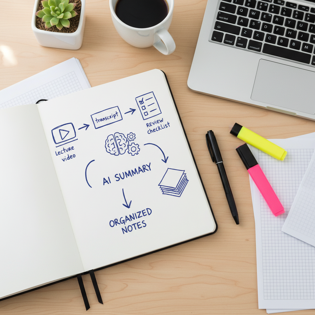 Overhead view of a student desk with a notebook showing a simple lecture-to-notes workflow