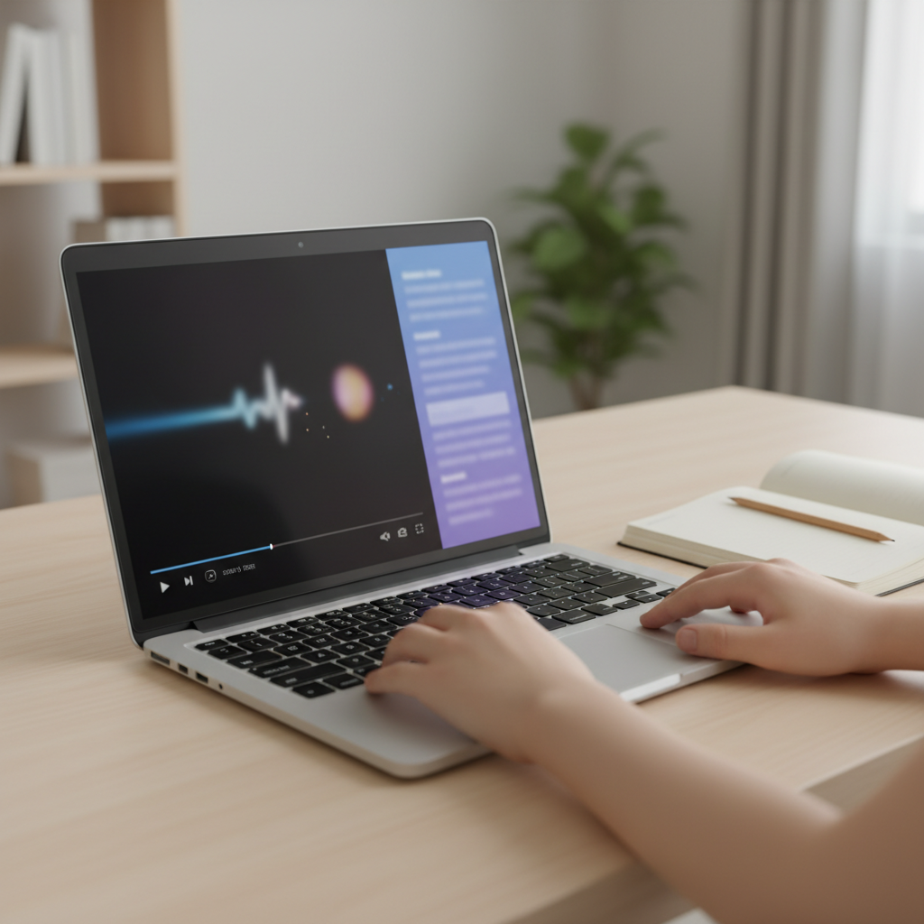 Laptop showing a video lecture with a generic summary panel open beside it on the screen