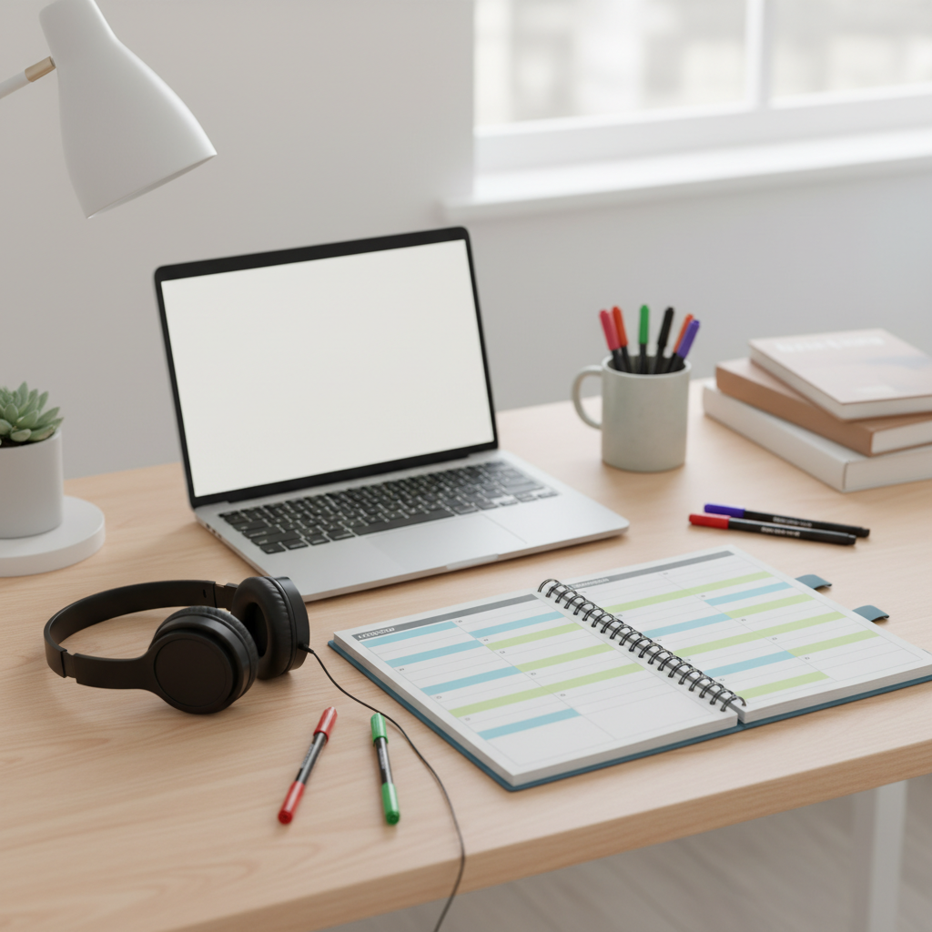 Student desk with a laptop, weekly planner, and headphones laid out for scheduling study sessions