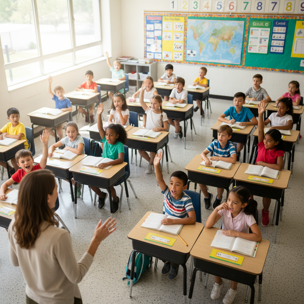 K-12 teacher leading a whole-class discussion with students listening and speaking