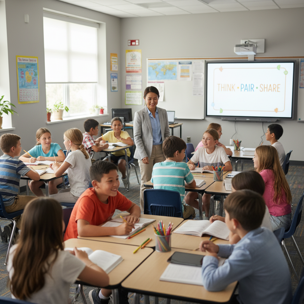 Students in a K-12 classroom talking with partners during a think–pair–share activity