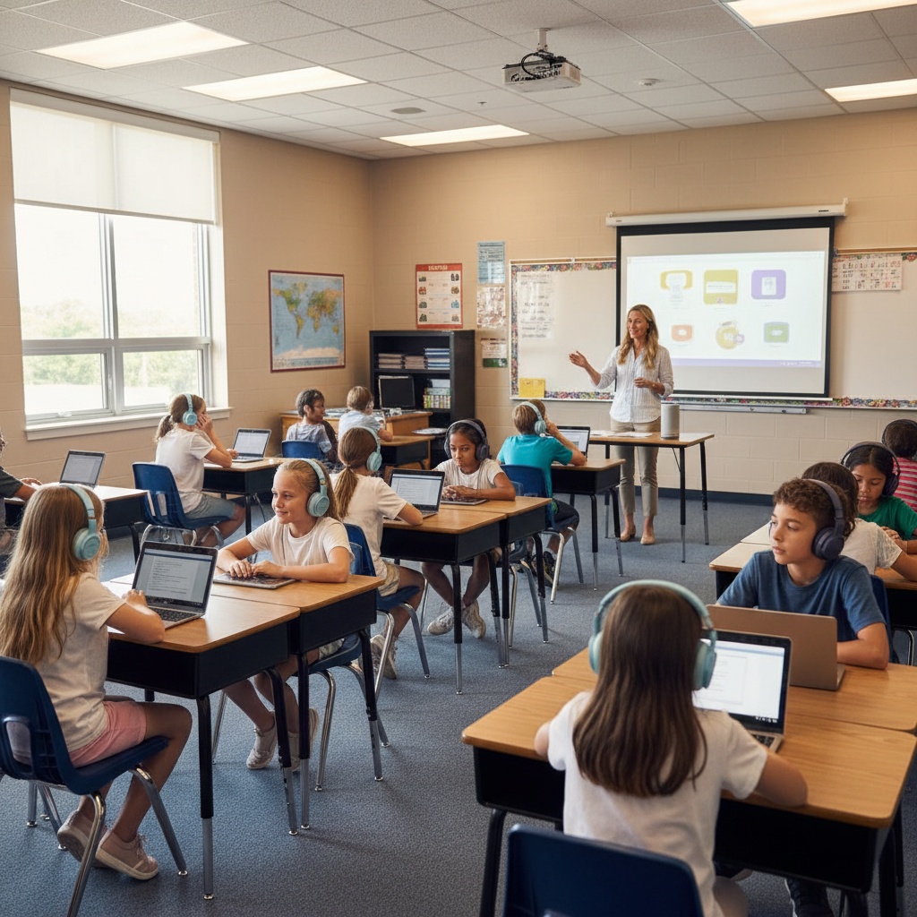 Calm K-12 classroom with some students wearing headphones and others in quiet partner talk