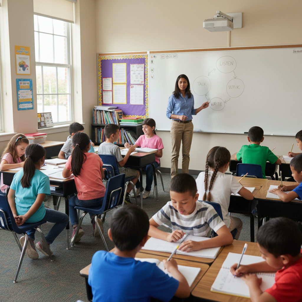 Teacher leading a class through a listen, talk, and write routine in a K-12 classroom