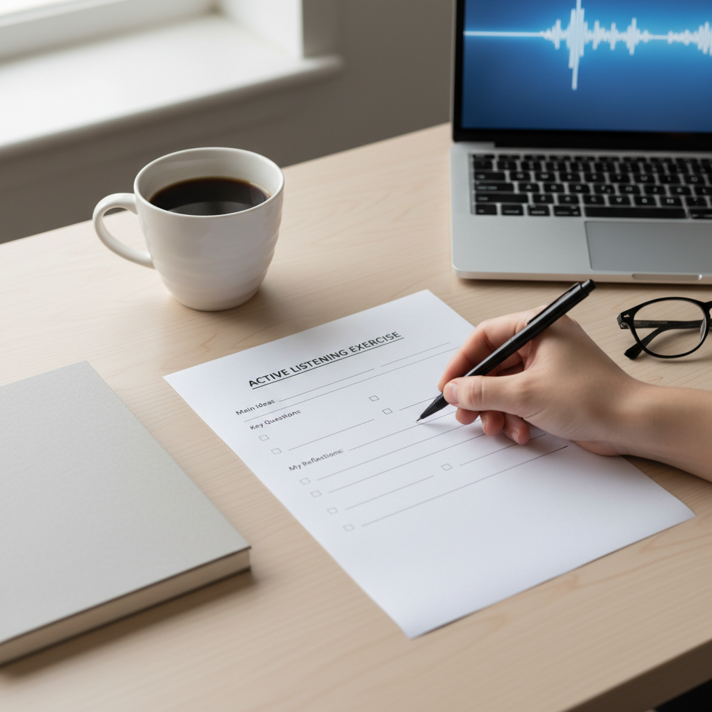 High-angle view of a desk where someone is filling out a printed active listening worksheet beside a laptop and coffee