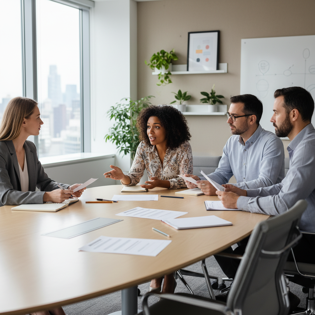 Small group of managers in a meeting room practicing active listening exercises around a table